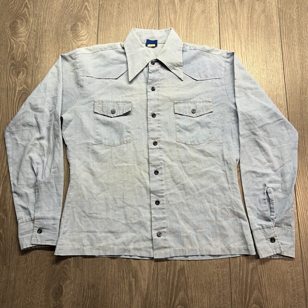 Vintage 70s Chambray Work Shirt Medium Light Blue Western Yoke Pointed Collar
